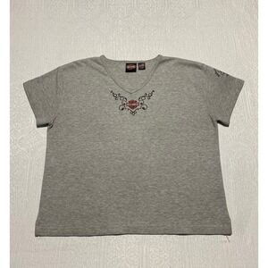 Harley Davidson Crete IL Gray V-Neck Embroidered T-Shirt XL Made in USA